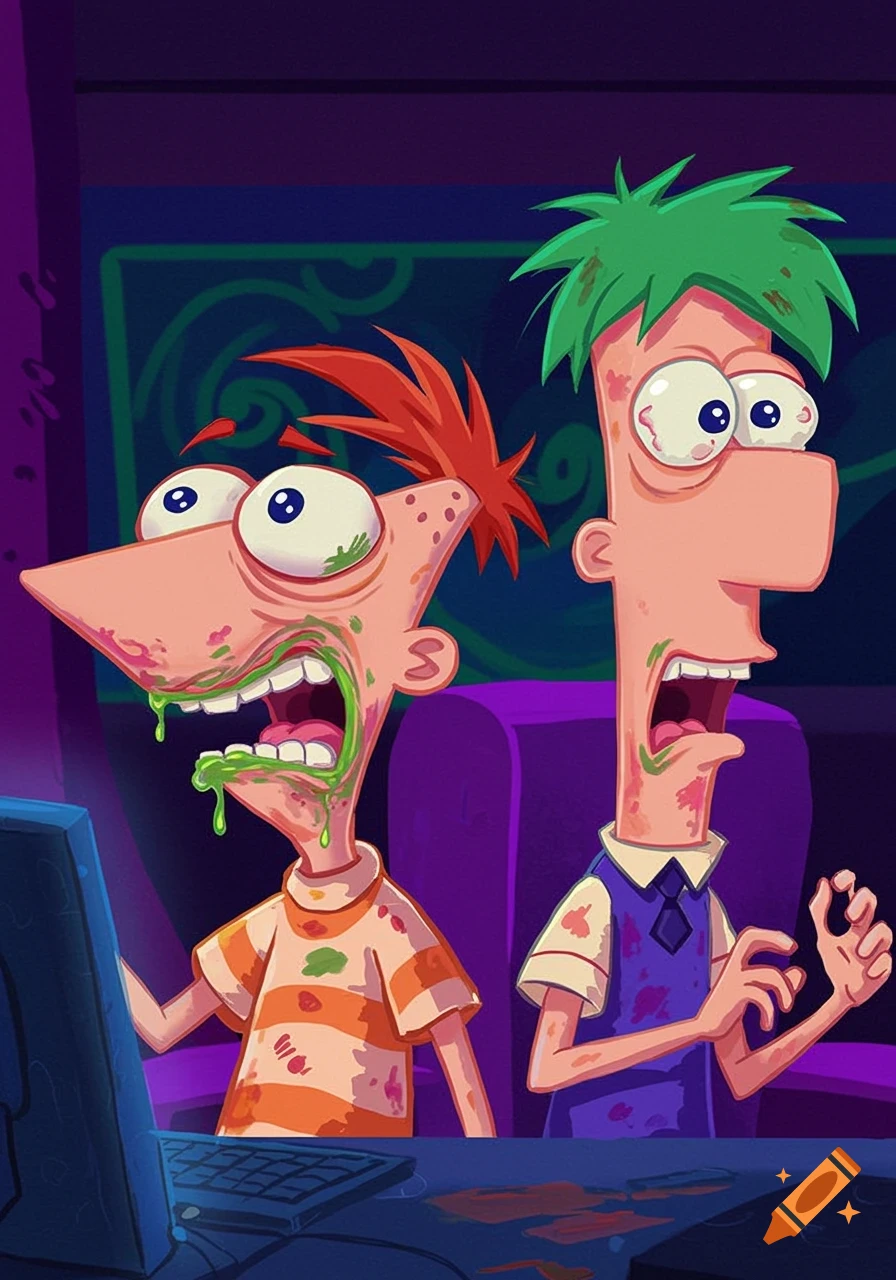 Cartoon characters Phineas and Ferb look disgusted and covered in green goo, sitting at a desk.