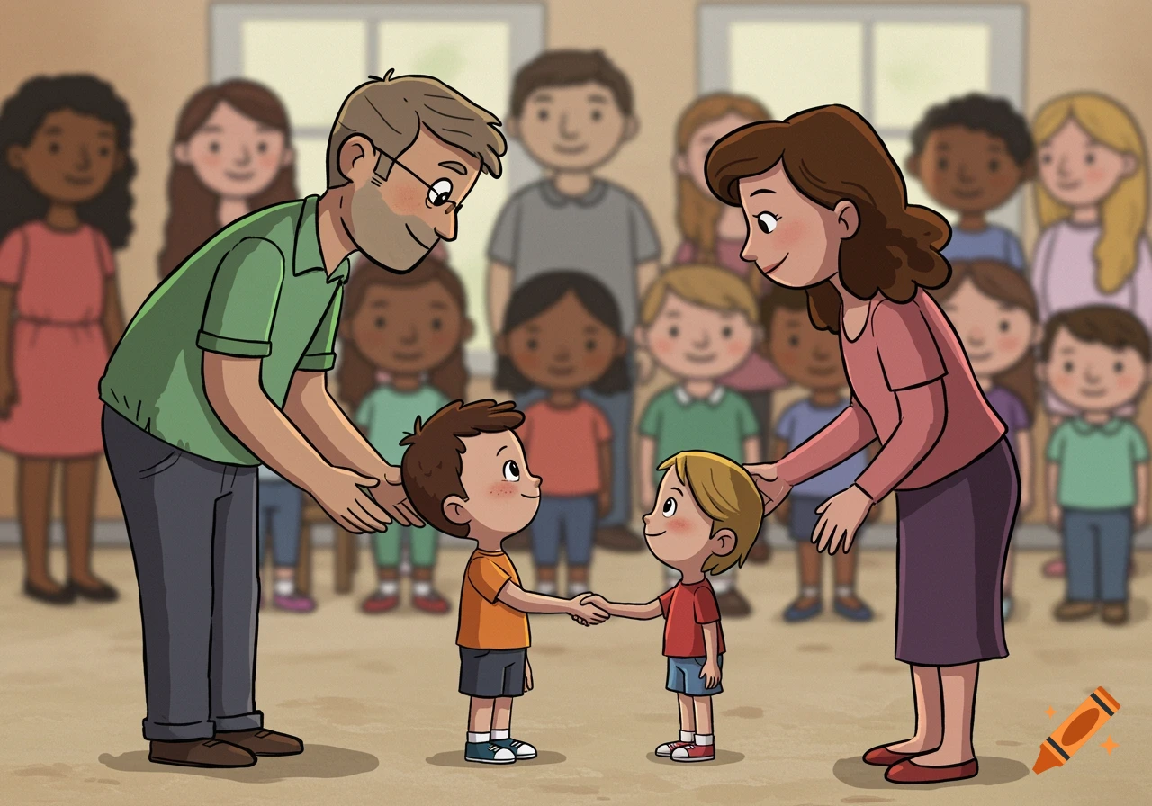 Cartoon illustration of adults and children interacting warmly at a community gathering.