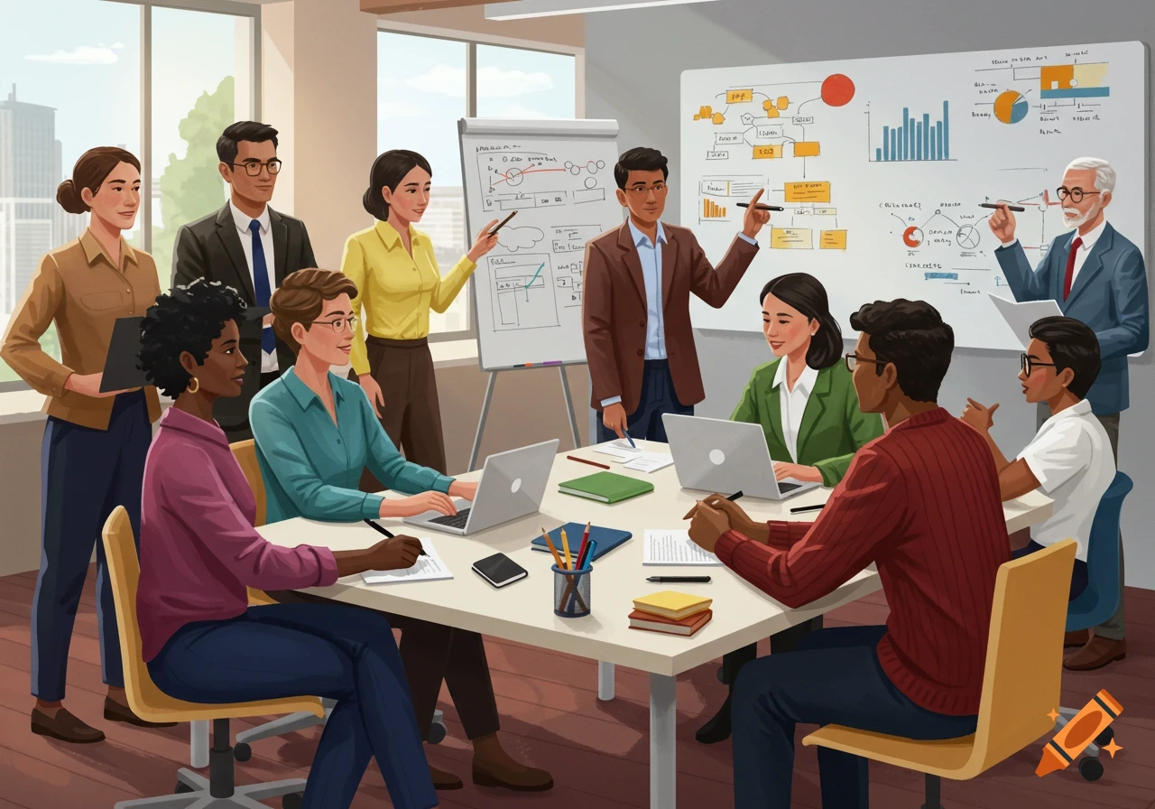 Diverse group of people in a business meeting, collaborating around a table with laptops and whiteboards.