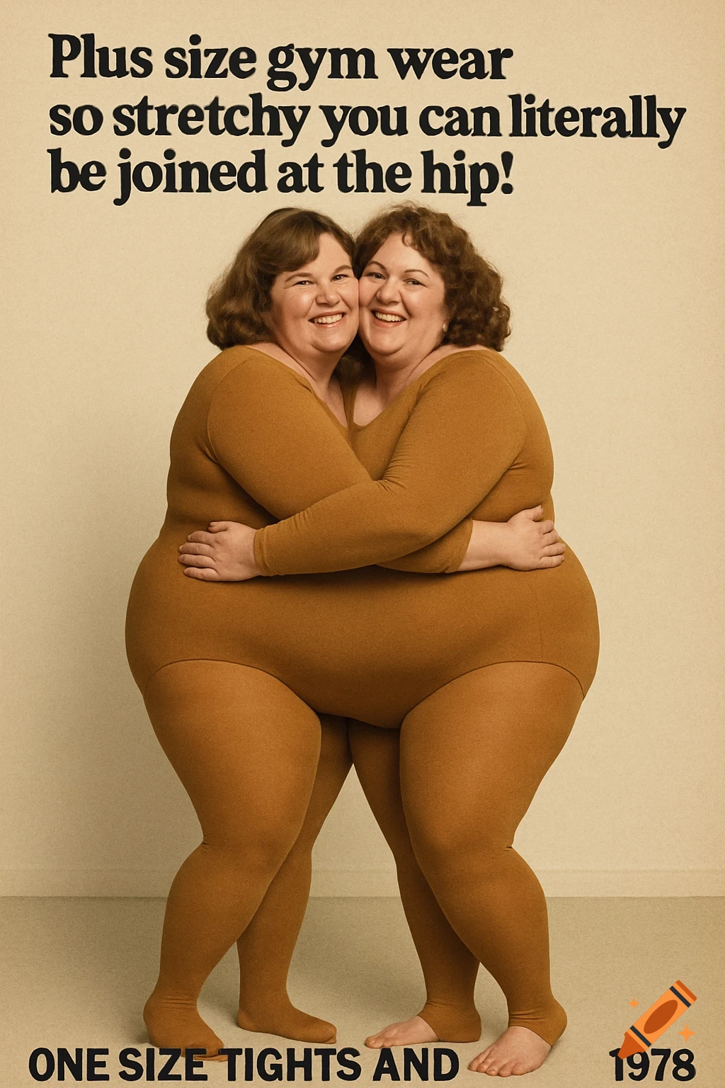 Retro ad for plus size gym wear shows two women merged together in one outfit, with text.