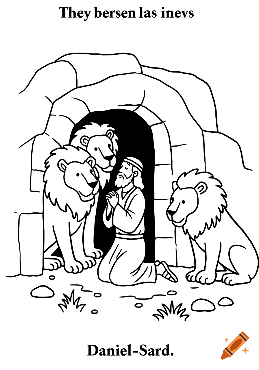 Black and white line drawing of Daniel kneeling in a cave with three lions, in a simple style like a children's book.