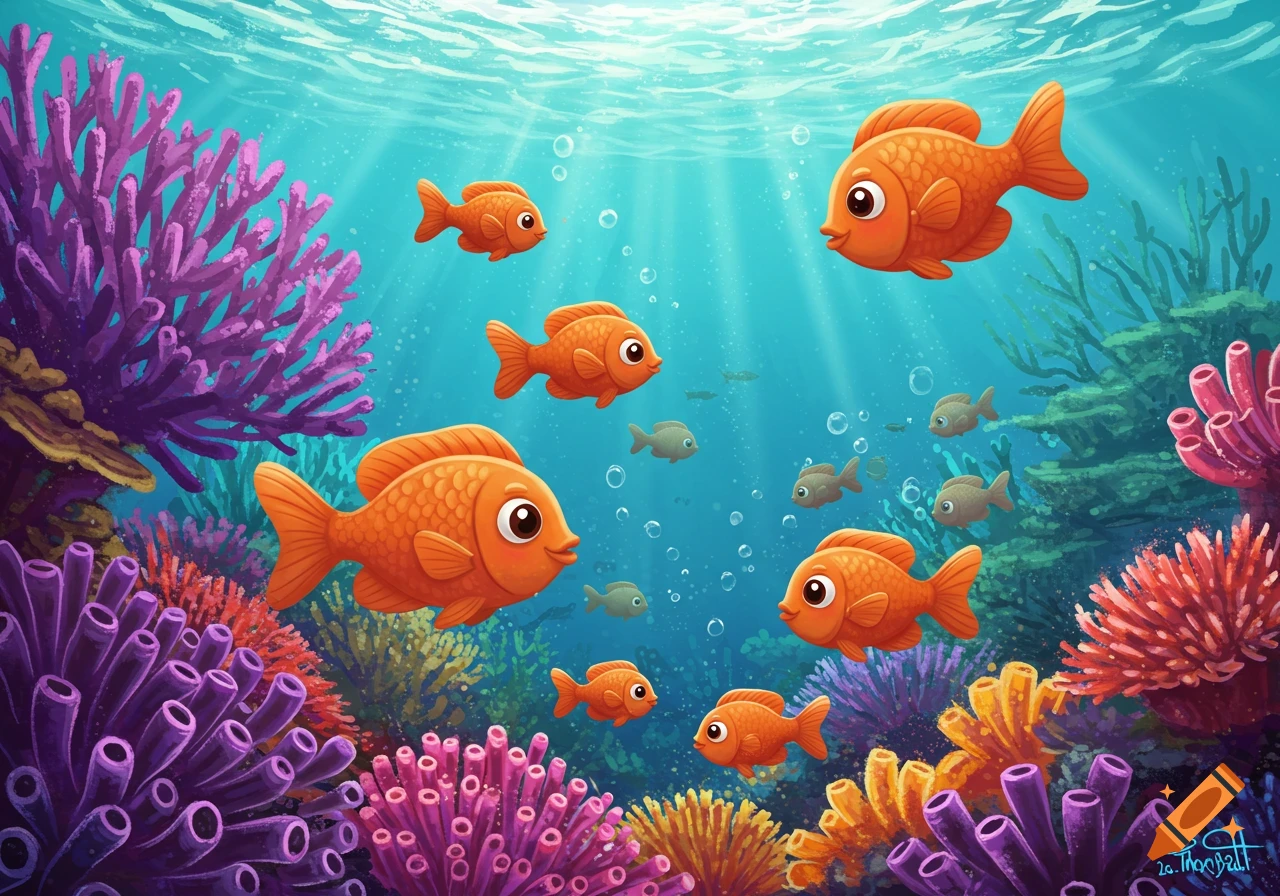 Cute orange fish swim among purple, pink, and yellow coral reefs in a bright blue ocean, illustration style.