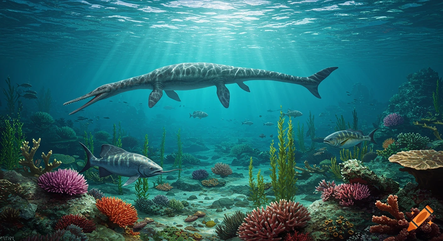 A large prehistoric marine reptile swims above a coral reef in a sunlit ocean.