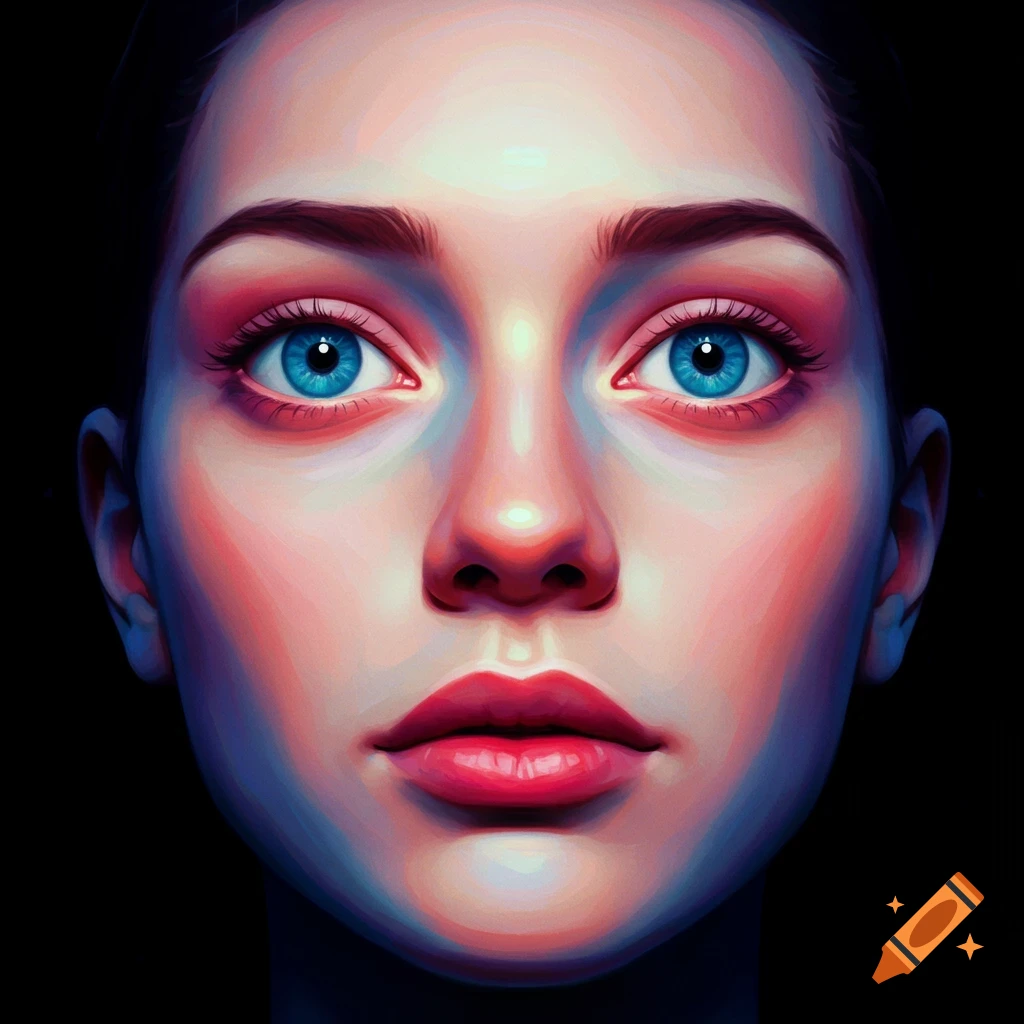 Close-up artistic portrait of a woman's face with bright blue eyes on a dark background
