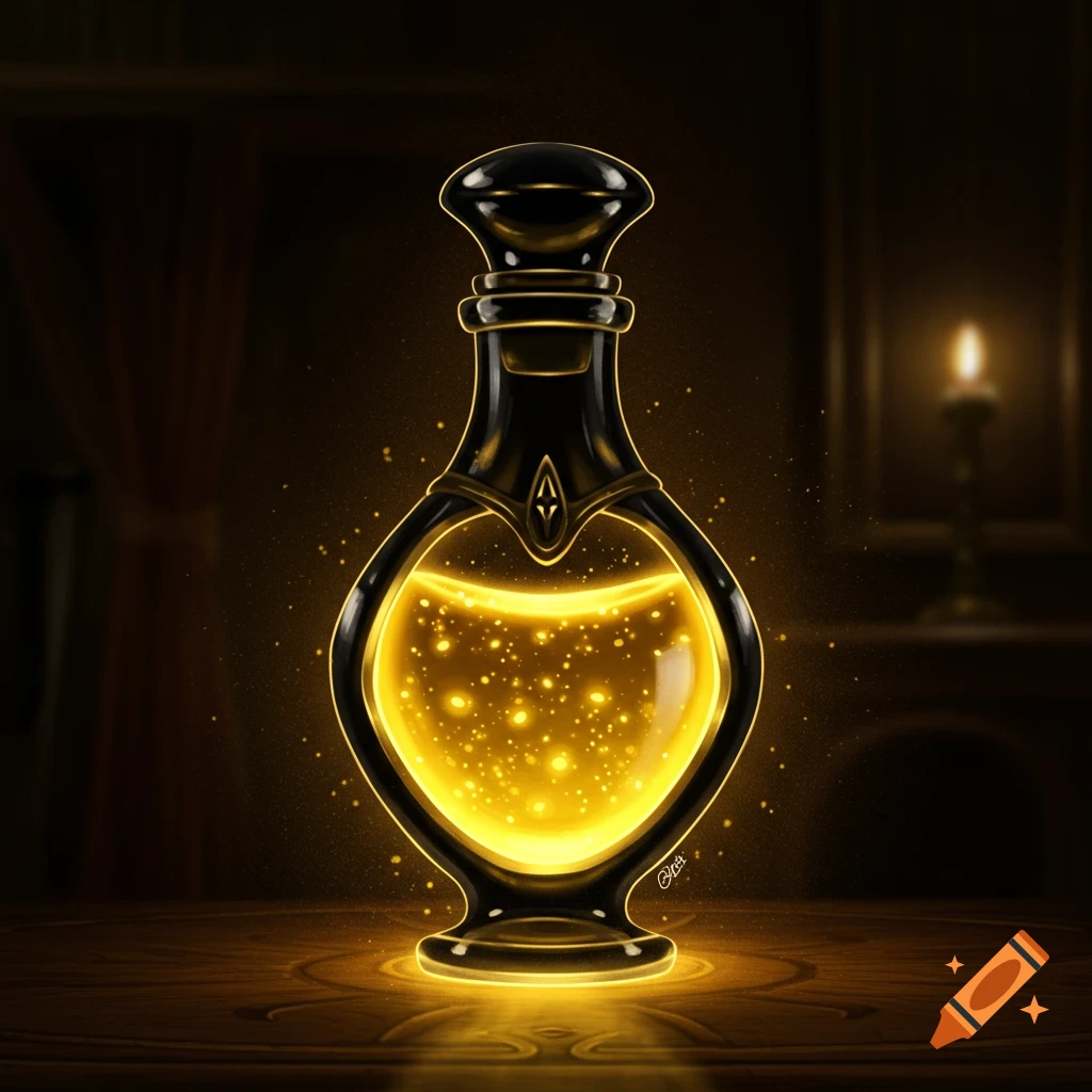 A stylized black and gold potion bottle with glowing yellow liquid on a table in a dark room.
