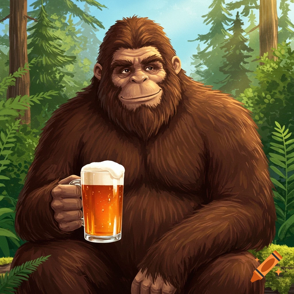 Illustration of a Sasquatch holding a beer in a forest.