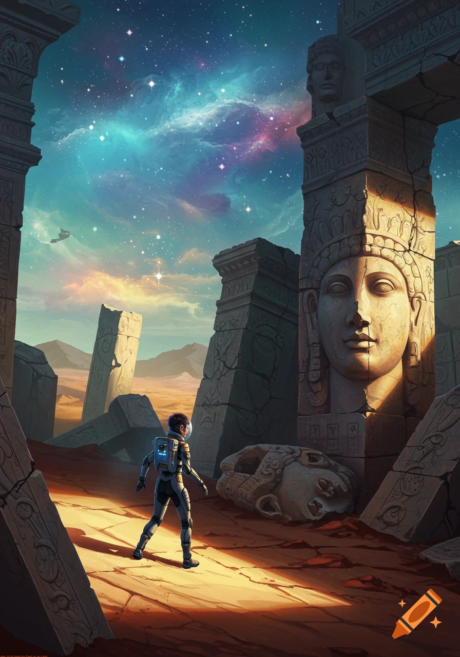 An astronaut explores large ancient ruins under a starry nebula sky on a desert planet. Digital art.