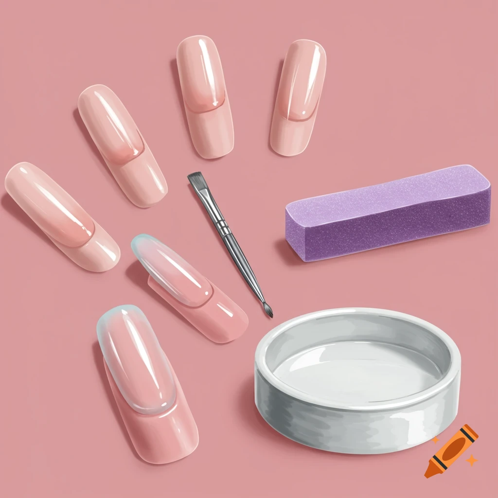 Digital illustration of nail art tools: artificial tips, buffer, brush, dappen dish.