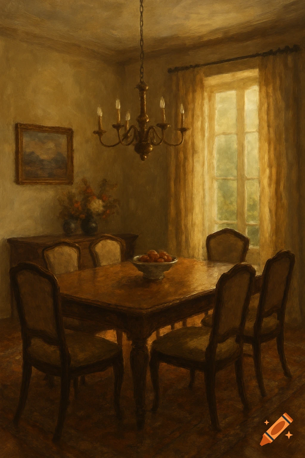 A painting of a dining room with a table, chairs, and chandelier, illuminated by sunlight through a window.