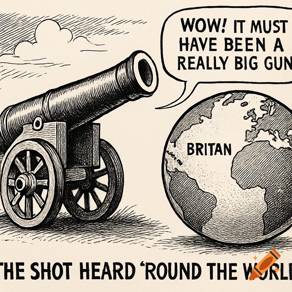 A black and white political cartoon shows a cannon pointing at a globe labeled 'BRITAN'. Text in a speech bubble reads 'WOW! IT MUST HAVE BEEN A REALLY BIG GUN'. Text at the bottom reads 'THE SHOT HEARD 'ROUND THE WORLD'.