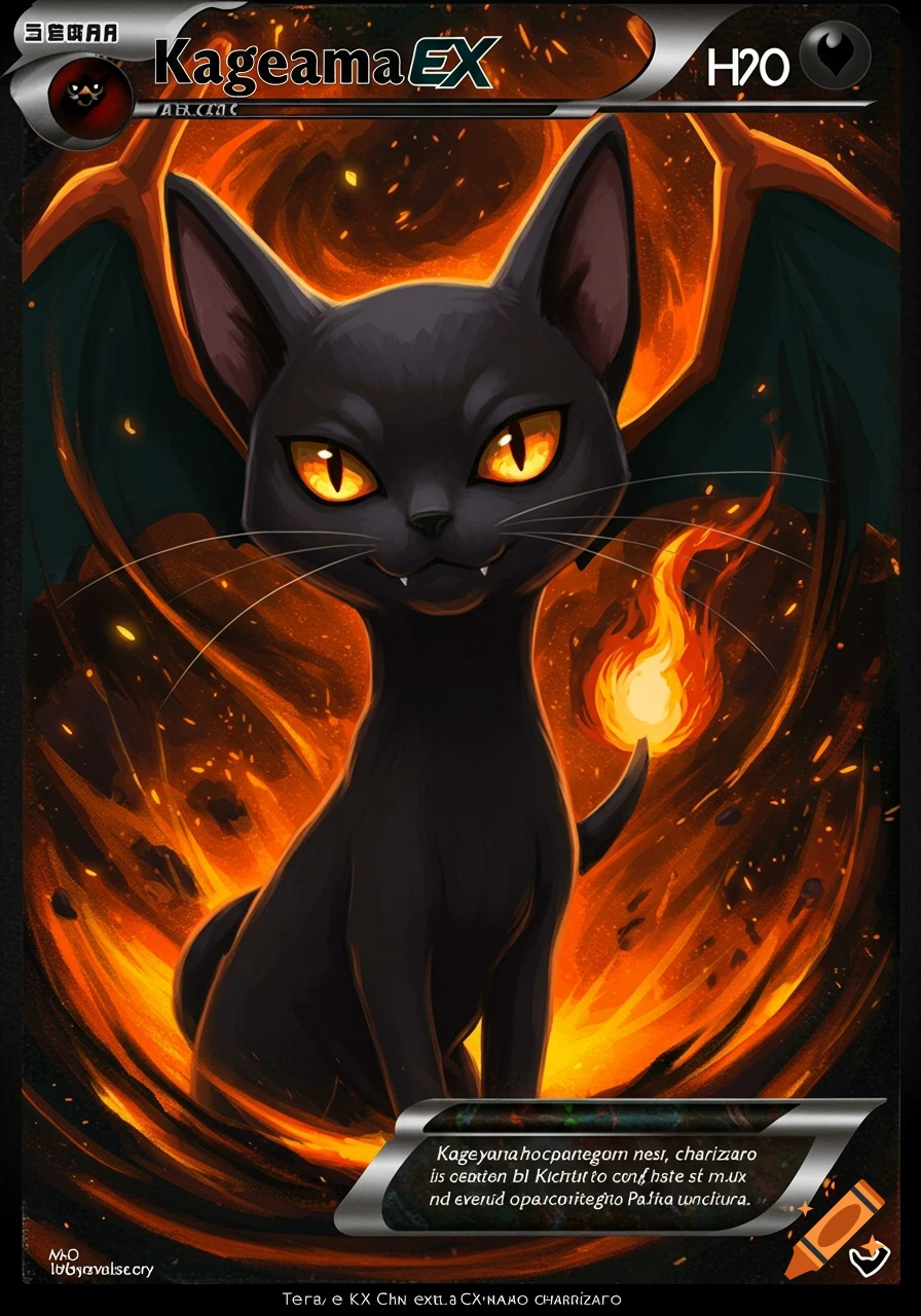 A black cat with glowing eyes and wings sits engulfed in flames, rendered in the style of a trading card with text elements.