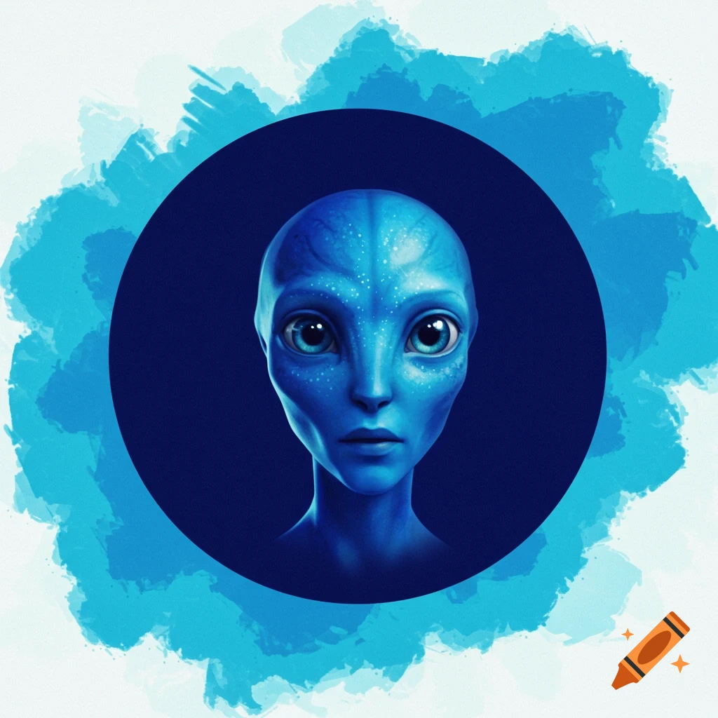 A blue alien face with big eyes in a dark blue circle surrounded by light blue watercolor brushstrokes.