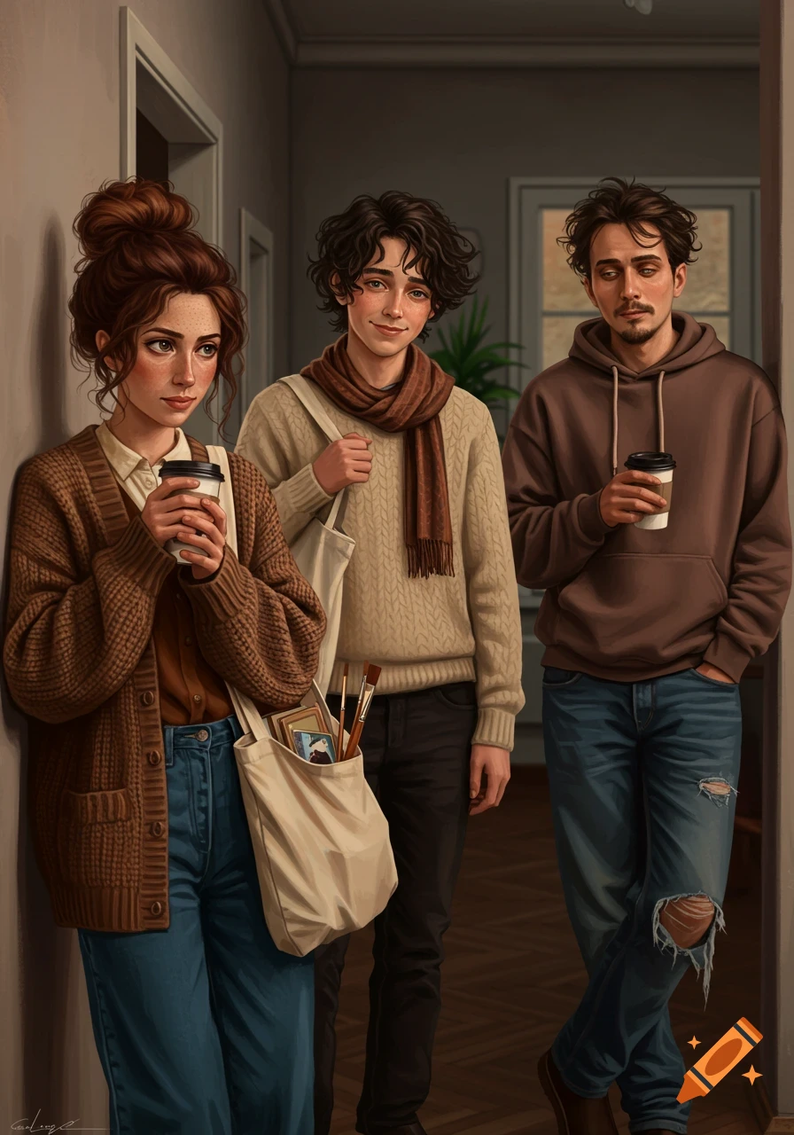 Realistic group portrait of three young adults holding coffee cups, one with a tote bag containing art supplies, indoors.