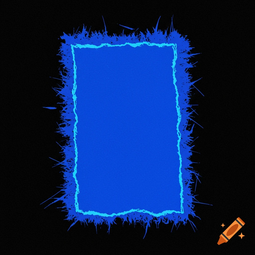 A dark blue rectangle with frayed, spiky edges and a lighter blue outline on a black background.