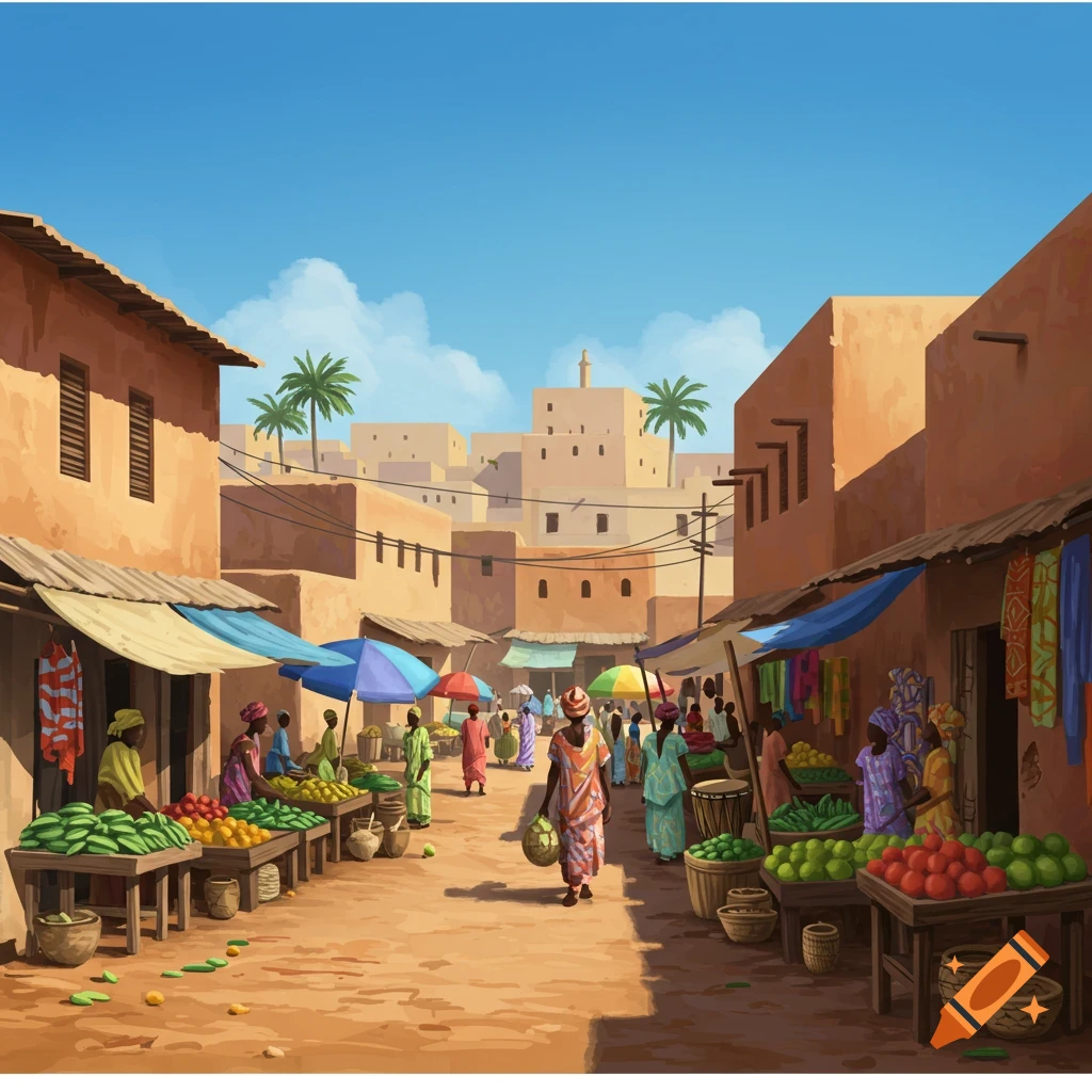 Illustration of a vibrant market street in an African village with people selling fruit and vegetables.