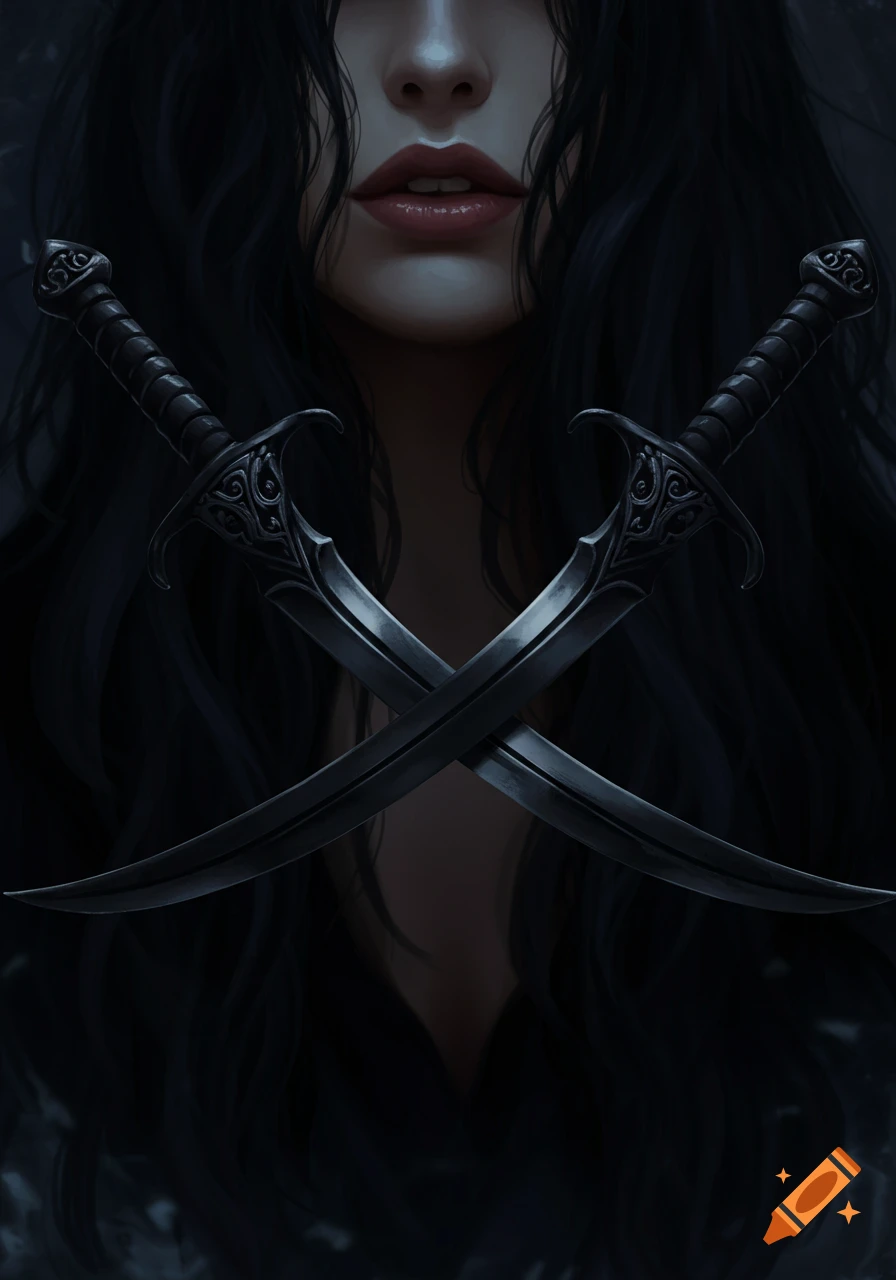 Dark portrait of a woman with visible lips and crossed dark swords, hair framing her face.