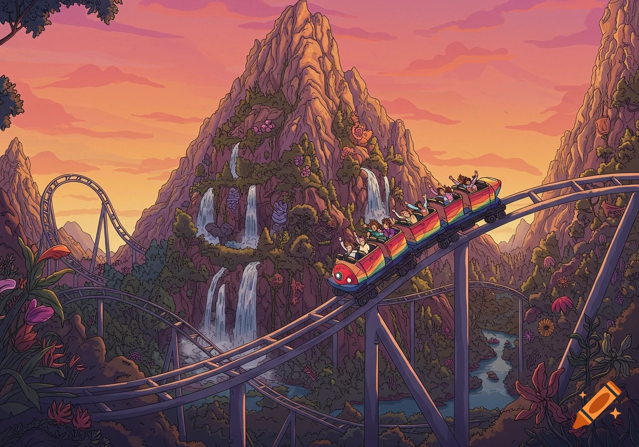 Illustration of a roller coaster with people riding around a large mountain with waterfalls at sunset.