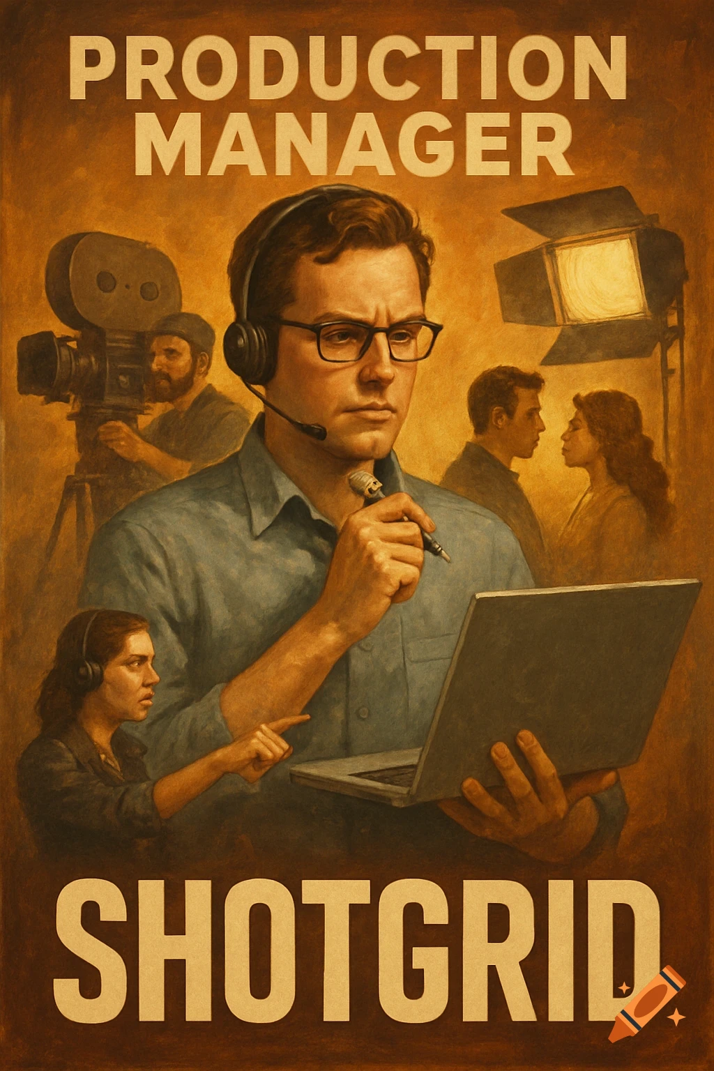 A movie poster illustration of a production manager with headphones and laptop, surrounded by a film crew and equipment, text reads PRODUCTION MANAGER SHOTGRID