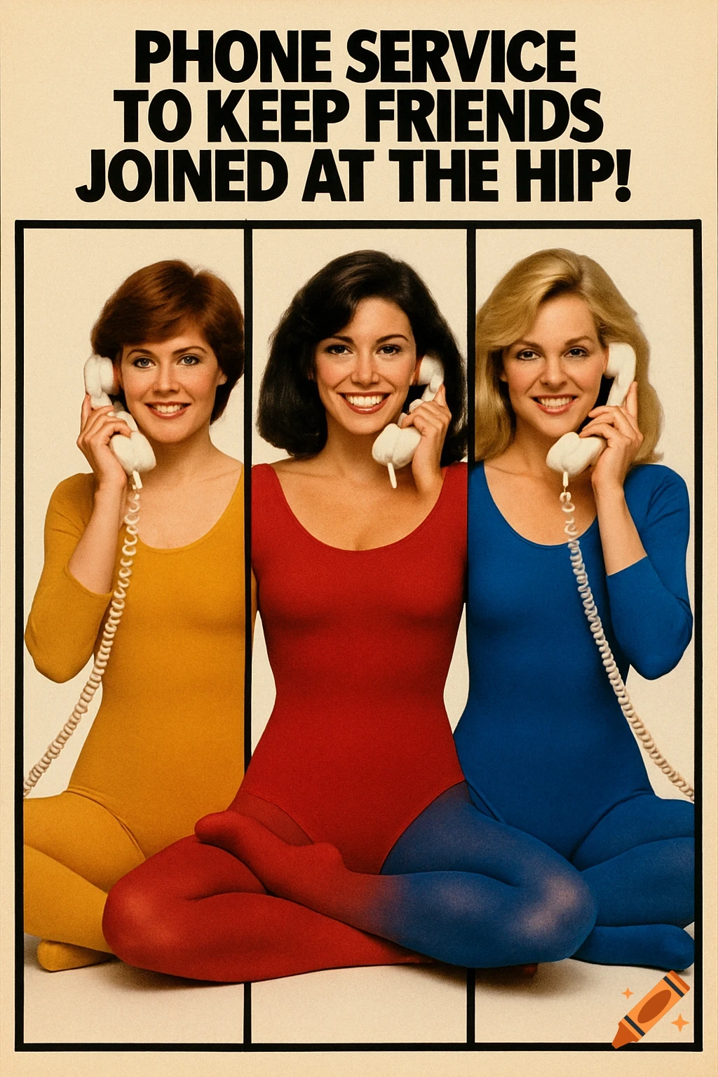 1980s style advertisement poster with three women in colored leotards, merged together, talking on phones. Text reads: Phone Service to keep friends joined at the hip!