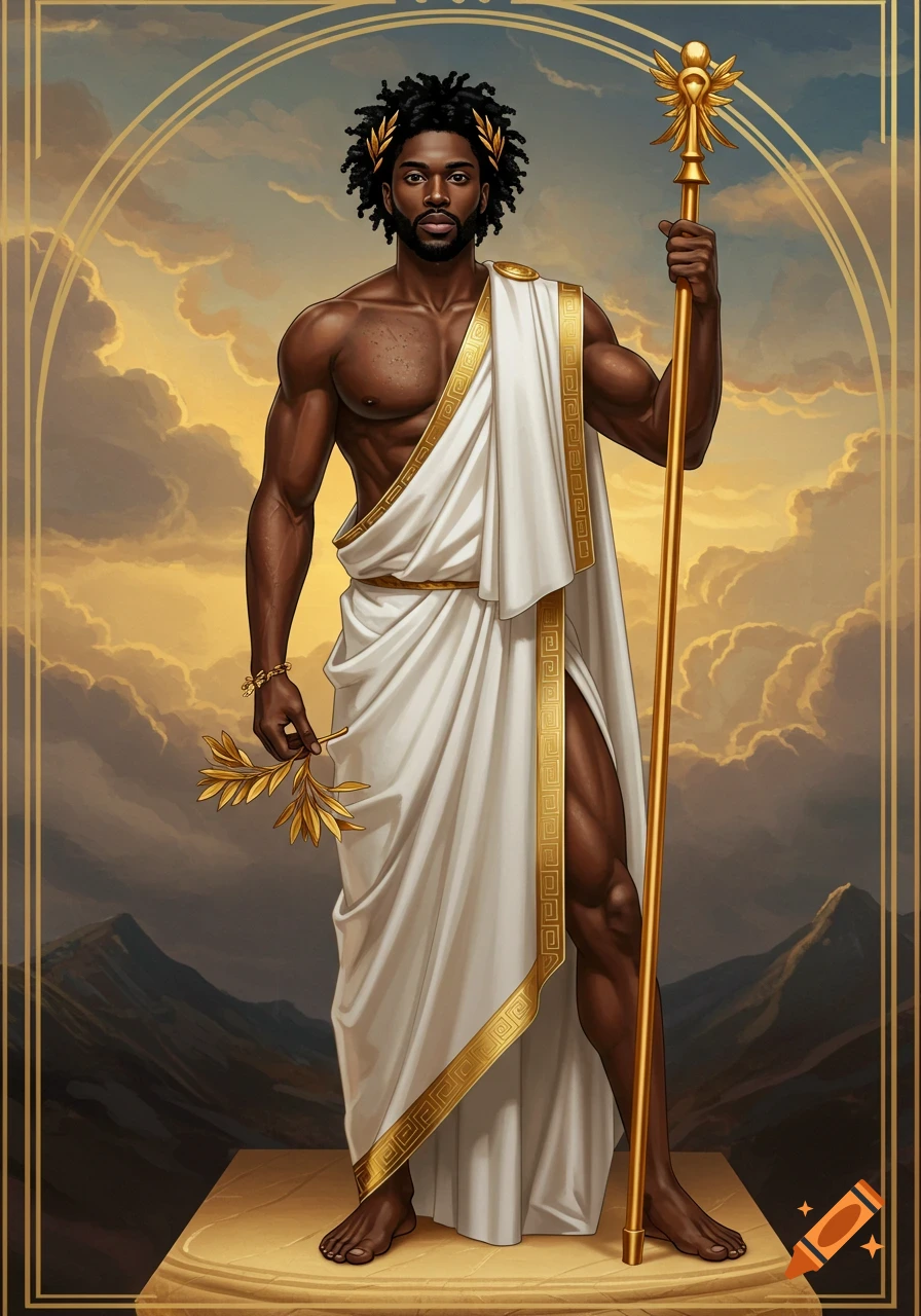 Illustration of a muscular Black man in a white and gold toga, wearing a laurel wreath and holding a staff, against a classical background.