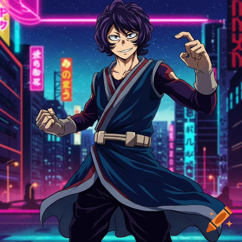 Anime character with dark purple hair in a stylized robe in a futuristic city