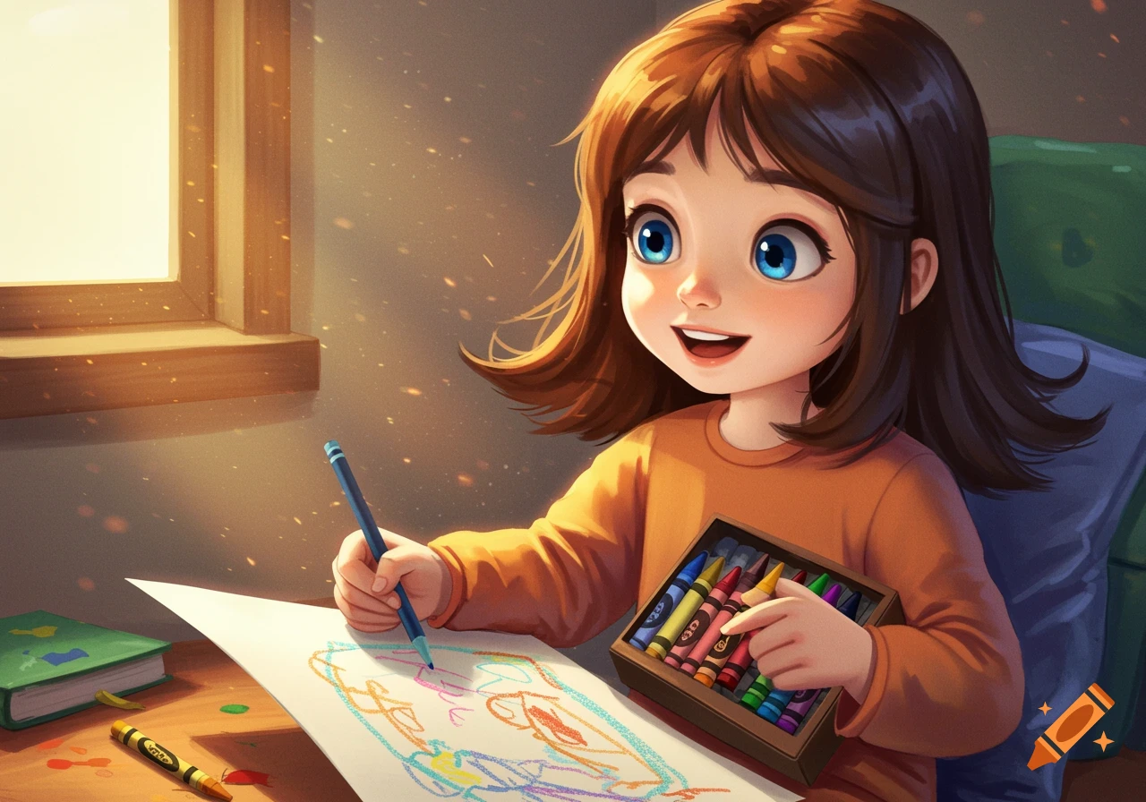 Cartoon girl drawing with crayons
