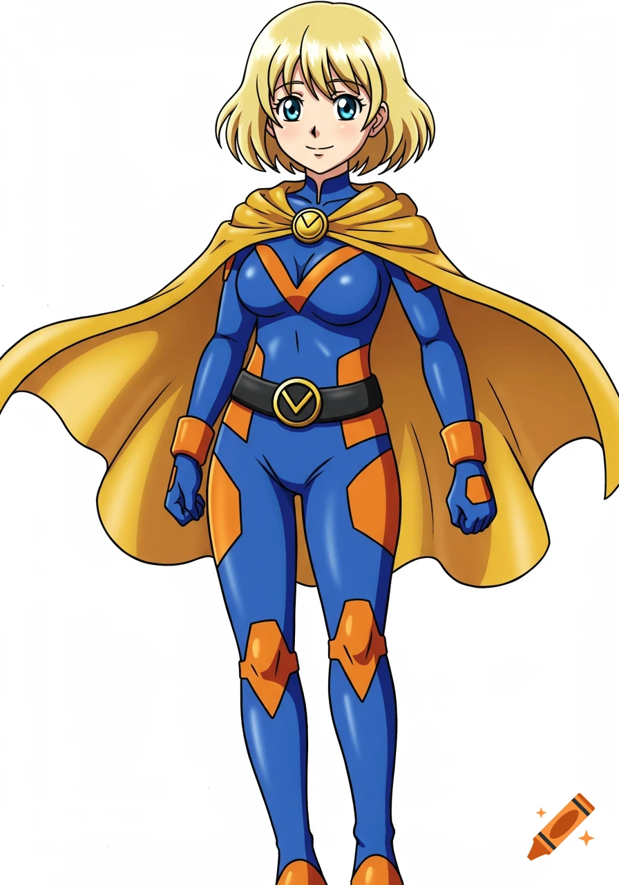 Anime illustration of a blonde superhero in a blue and orange suit with a golden cape.