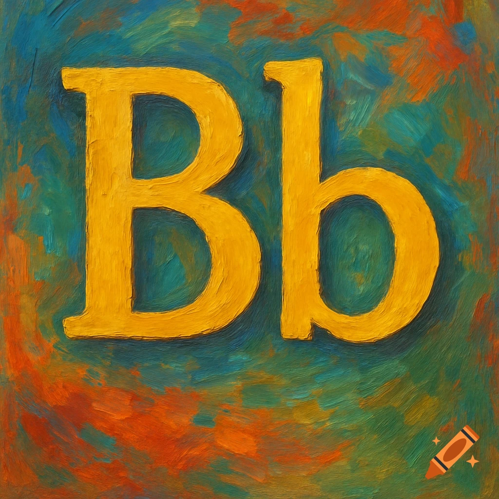 Large golden capital B and lowercase b in an oil painting style.