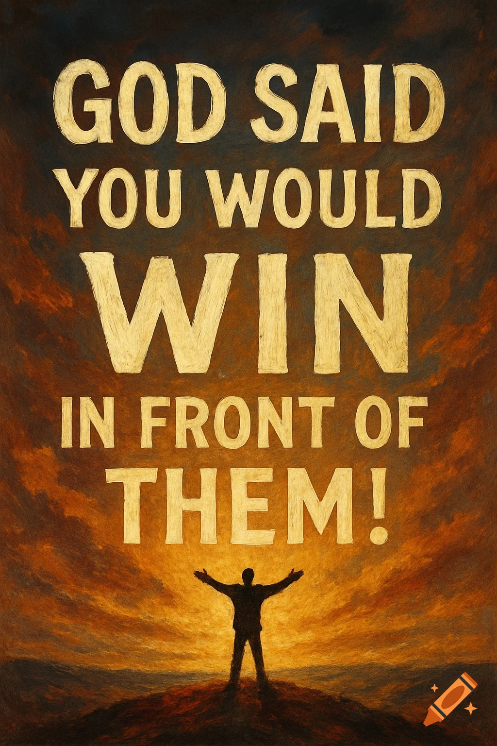 Person with raised arms facing a sunrise sky, overlaid with the text 'GOD SAID YOU WOULD WIN IN FRONT OF THEM!'