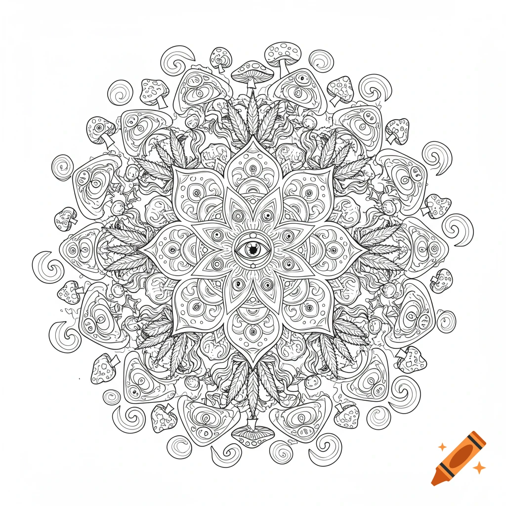 Black and white line art mandala with third eye, cannabis leaves, mushrooms, and trippy patterns for coloring