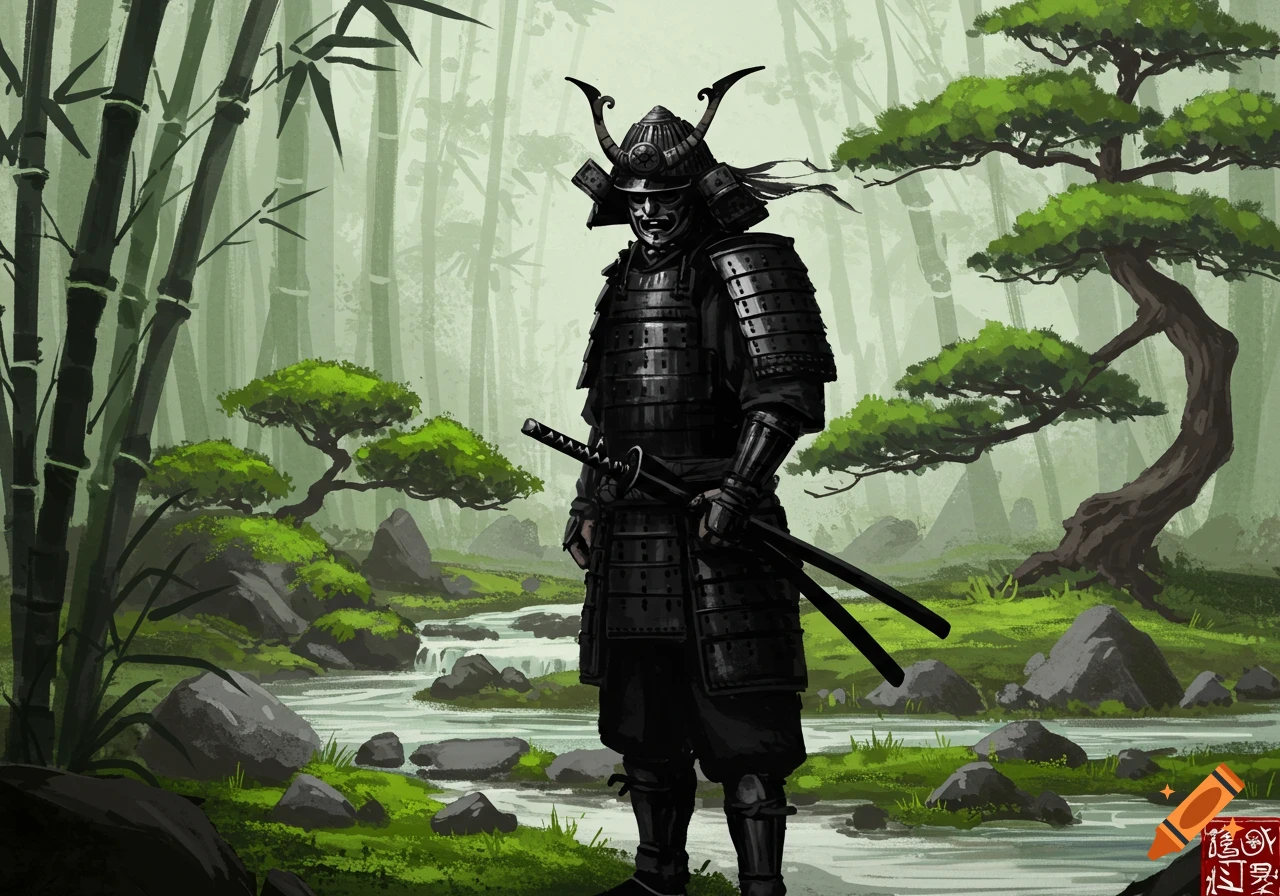 Samurai warrior in a misty Japanese garden with bamboo, stream, and trees, in ink painting style.