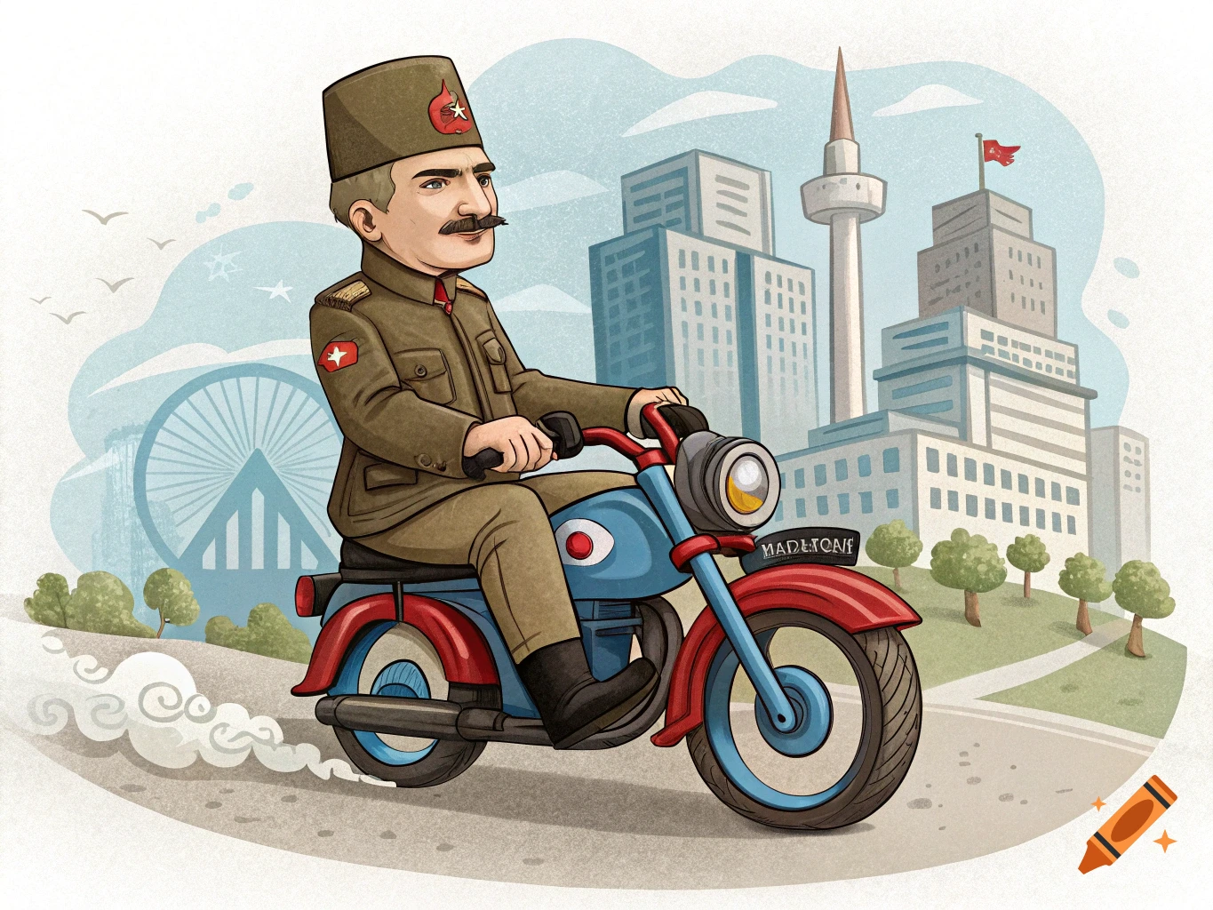 Cartoon depiction of Atatürk riding a motorcycle through a city street.