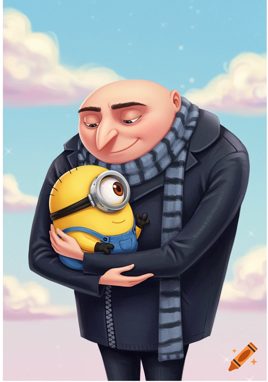 Gru from Despicable Me holding a Minion close in a cartoon style.