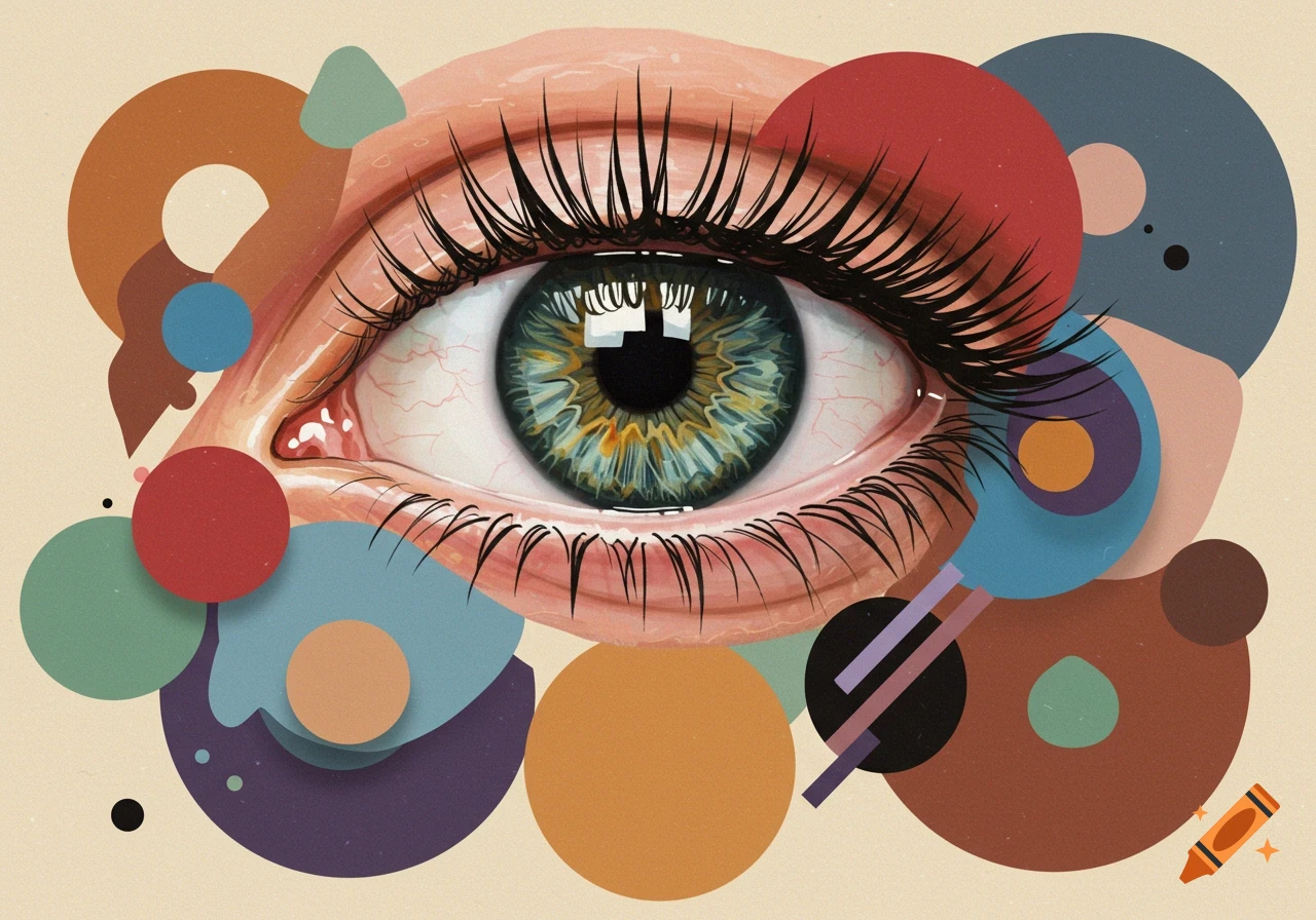 Close-up illustration of a detailed eye surrounded by colorful abstract shapes.