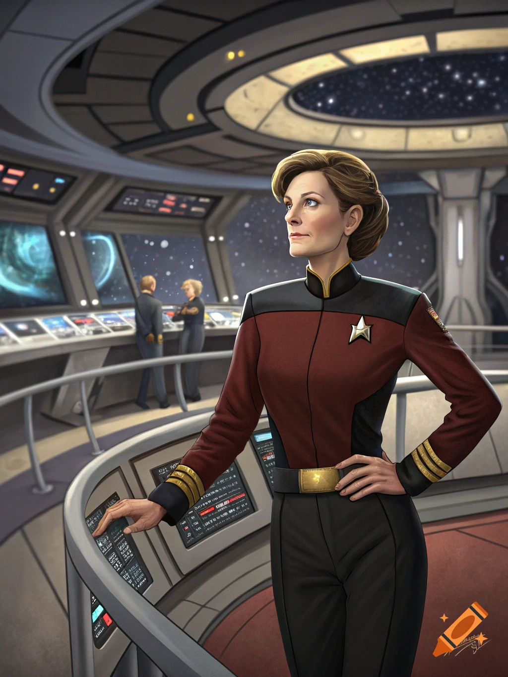 An illustration of a woman in a Starfleet uniform on a starship bridge
