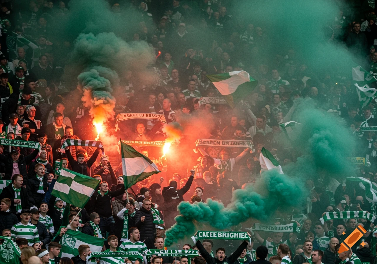 Soccer fans in green and white hold flares and banners, creating smoke during a match.