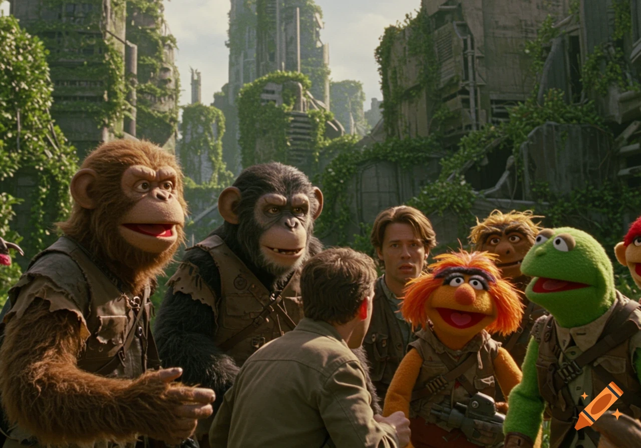 Muppet-like apes and Muppets with a human in a post-apocalyptic city.