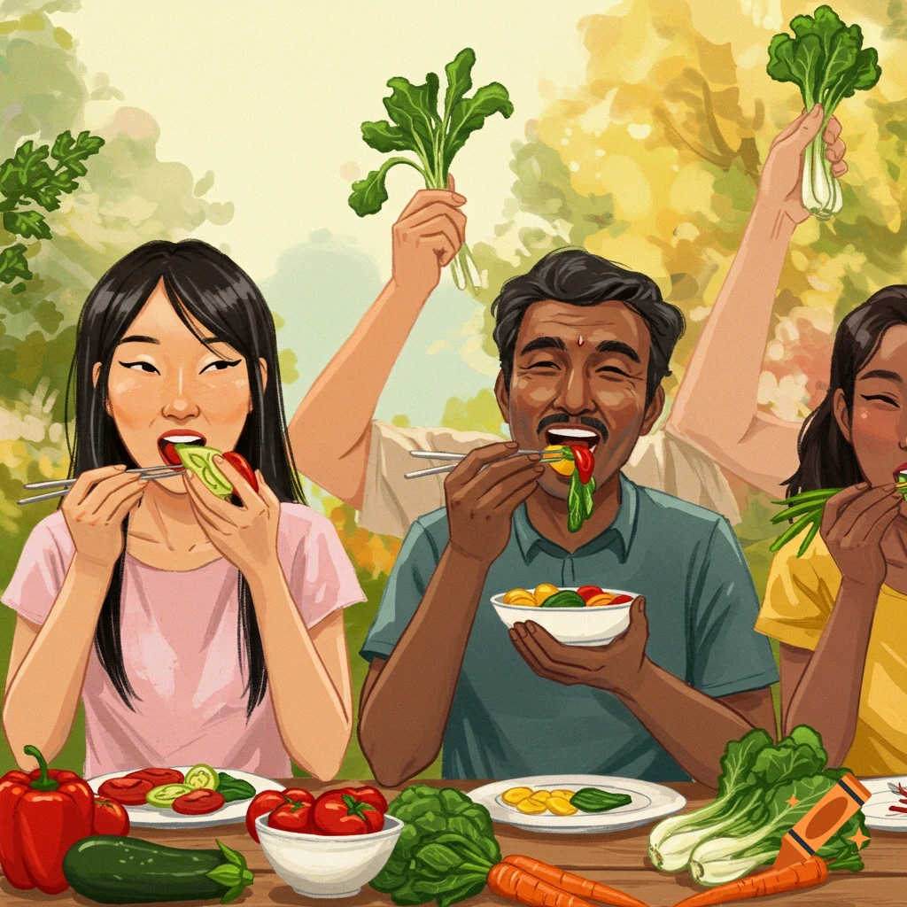 Illustration of people eating vegetables outdoors