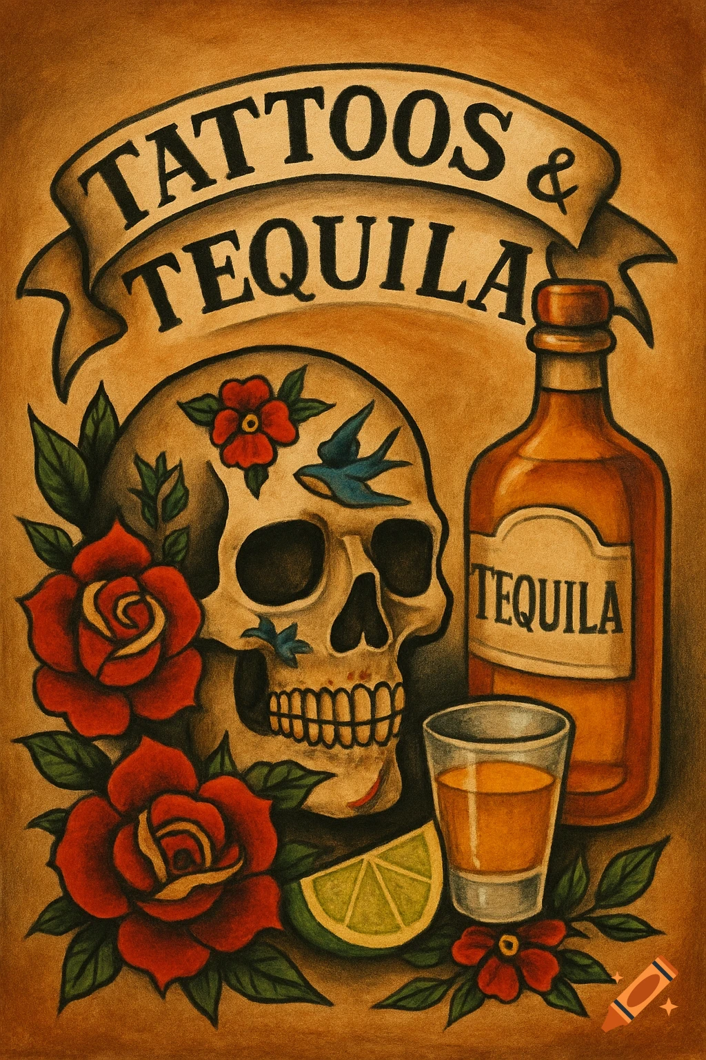 Traditional tattoo art illustration of a skull, roses, tequila bottle and shot glass with 'Tattoos & Tequila' banner.