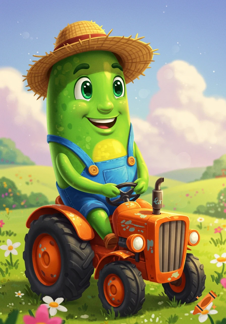 A cartoon green pickle character wearing a straw hat and overalls drives an orange tractor in a field.