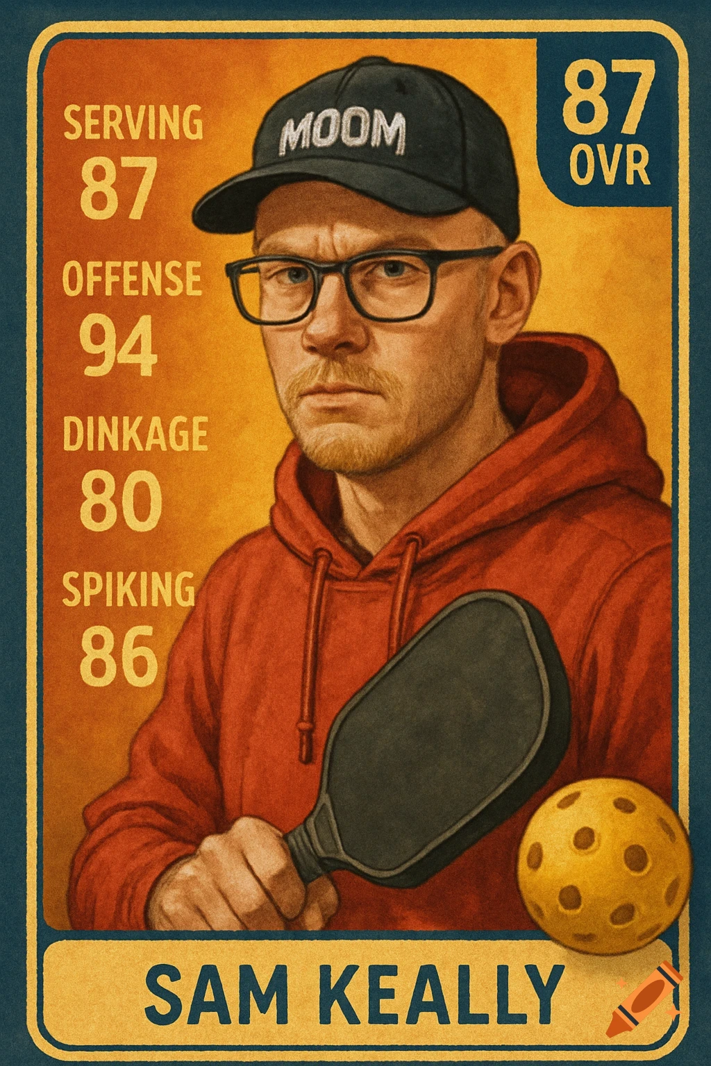 A pickleball trading card of a man in a red hoodie and black hat, with stats listed next to him.
