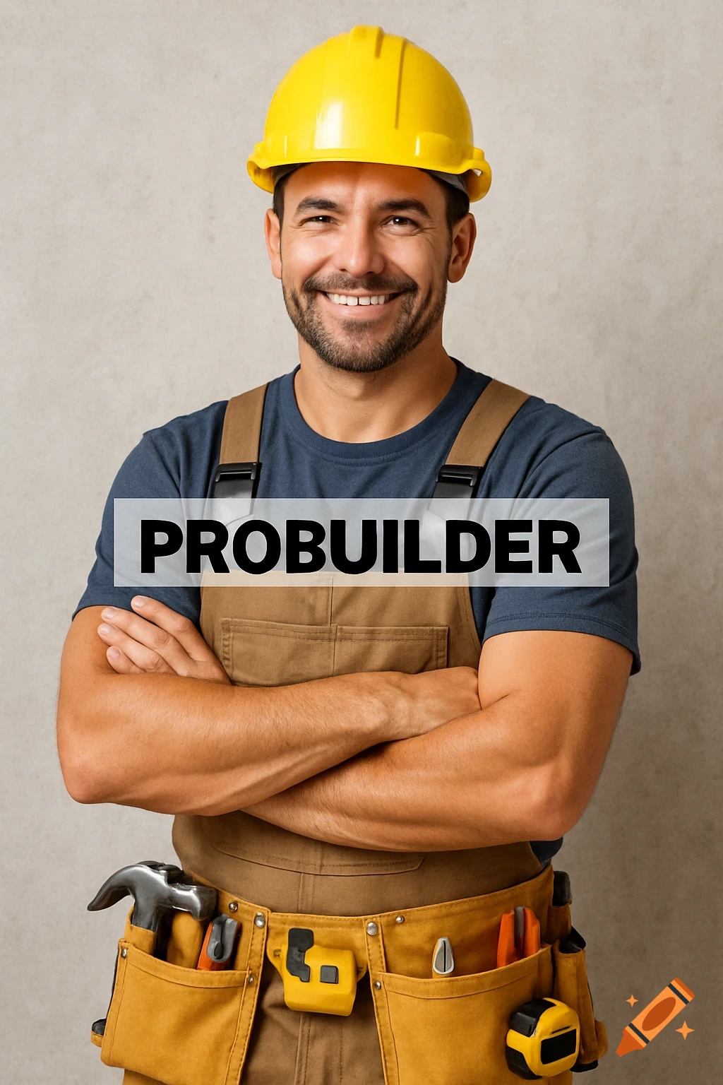 A man wearing a yellow hard hat and overalls, with tools in a belt.