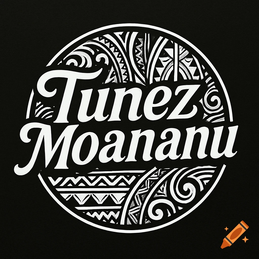 A circular logo with the words Tunez Moananu in fancy white letters inside a black border, filled with white Samoan tribal patterns on a black background.