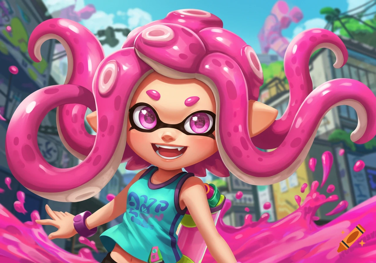 A smiling Splatoon Octoling girl with pink tentacles and a blue tank top, surrounded by pink ink in a city background.