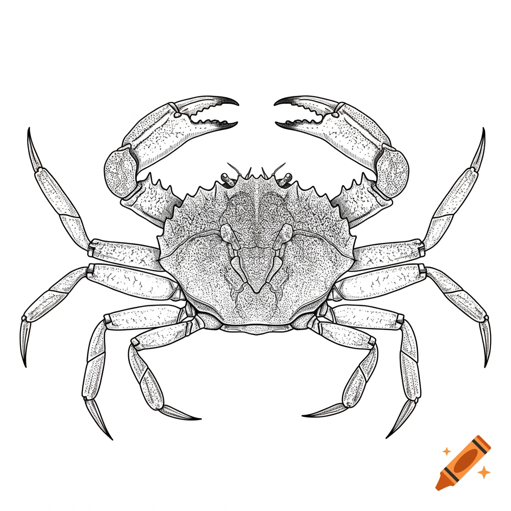 Black and white sketch of a Dungeness crab viewed from above.