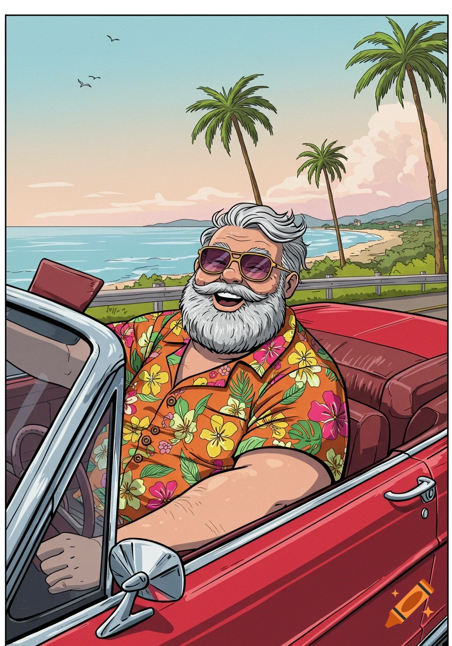 Cartoon of a man in a Hawaiian shirt driving a red convertible by the beach.