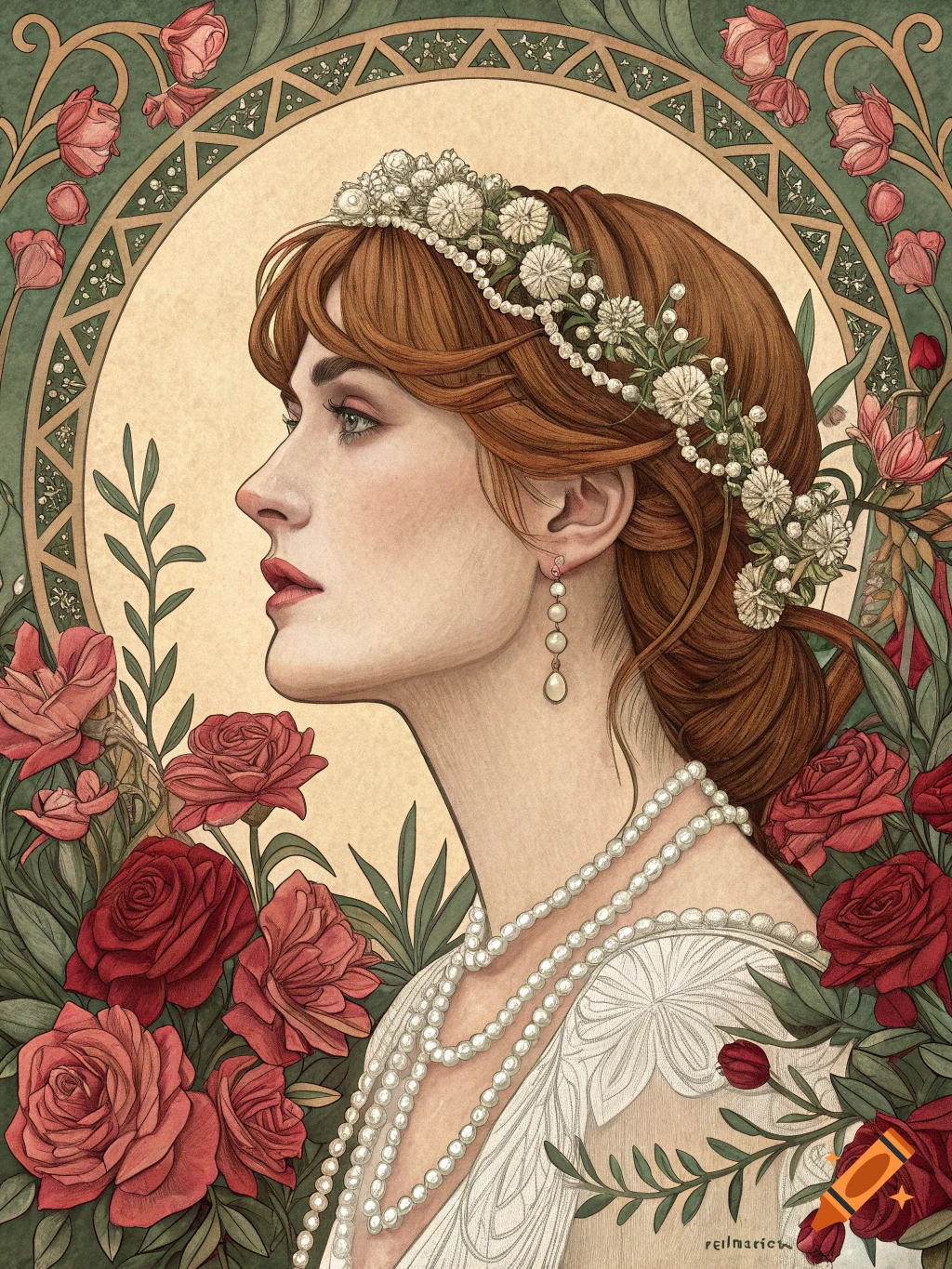 Portrait of a woman with red hair, pearl tiara and necklace, surrounded by roses, in art nouveau tapestry style.