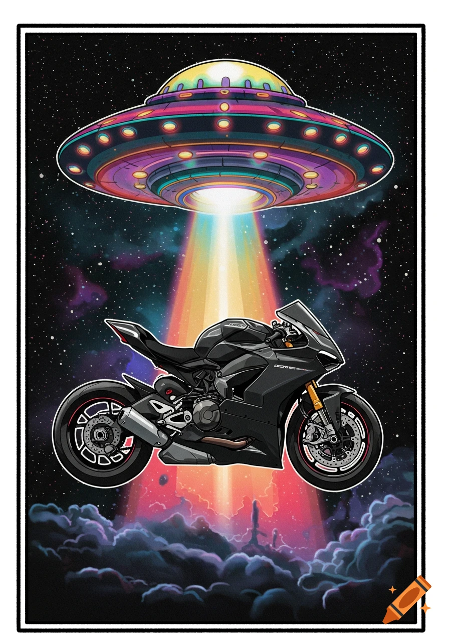 A black sport motorcycle is lifted into space by a colorful UFO's beam in a tattoo art style.