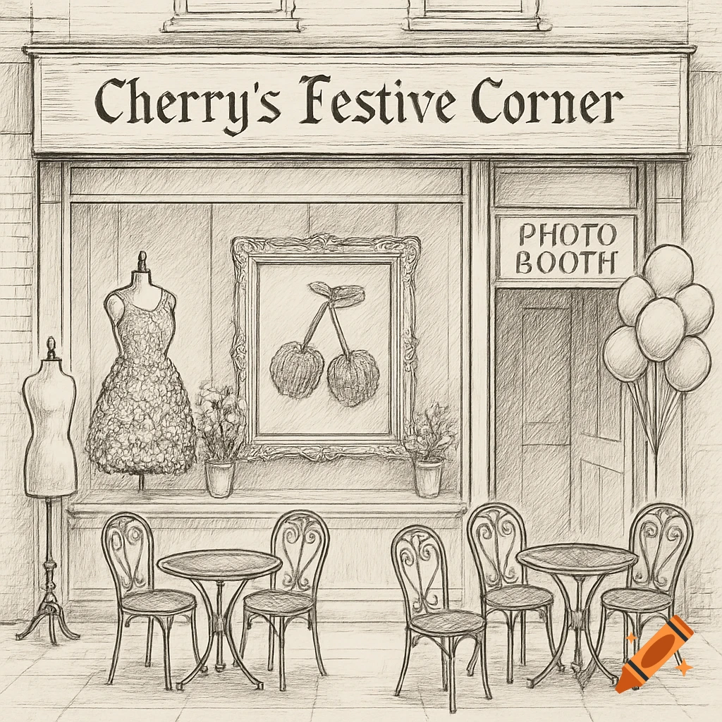 A sketch of a shop called Cherry's Festive Corner with outdoor tables, chairs, mannequins, and a photo booth entrance.
