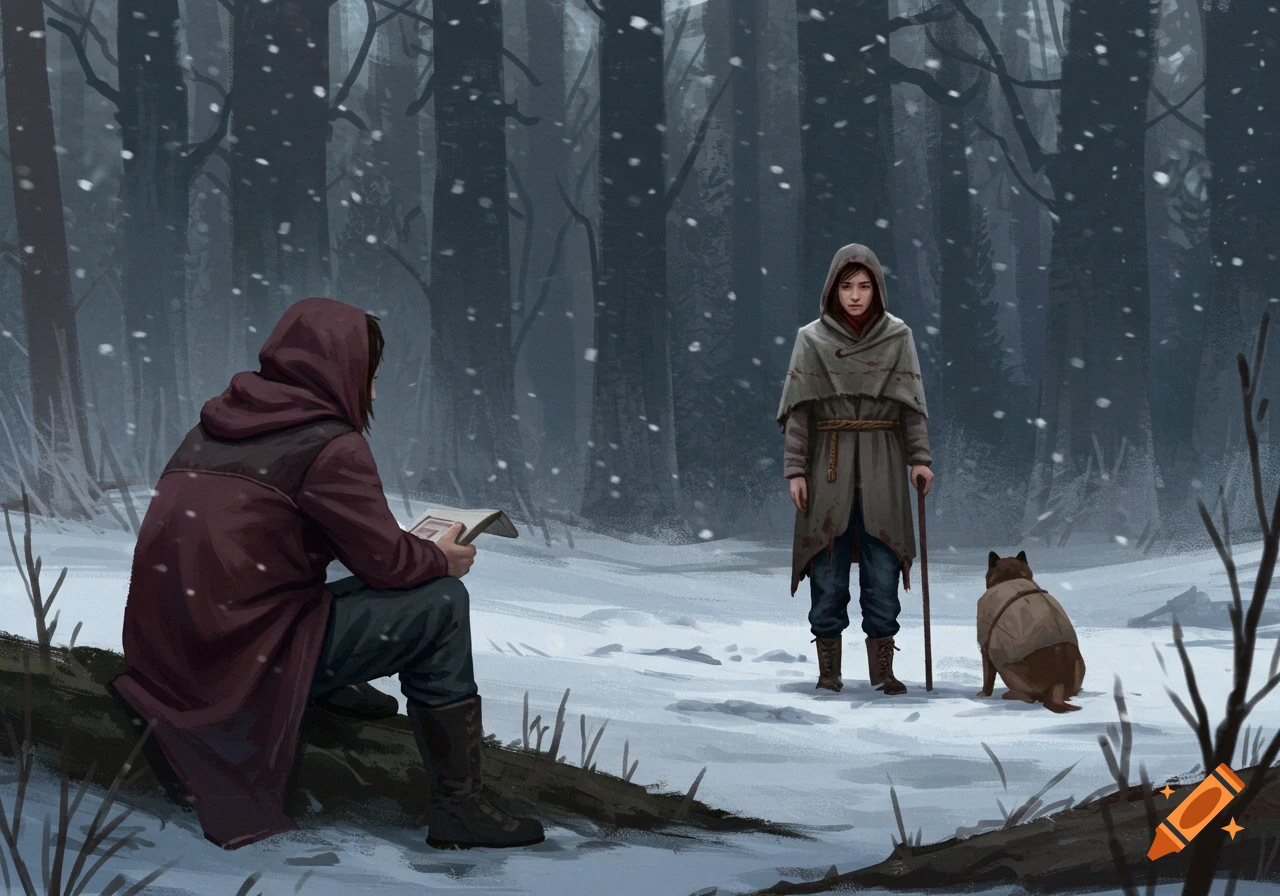 Painting of two people and a dog in a snowy forest. One sits reading, the other stands.